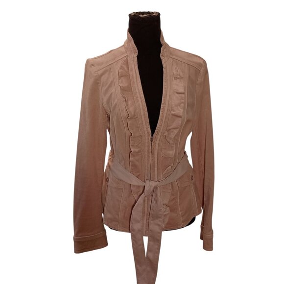 White House Black Market Jackets & Blazers - White House Black Market Womens Ruffled Beige Jacket Belted Waist & Button Cuffs